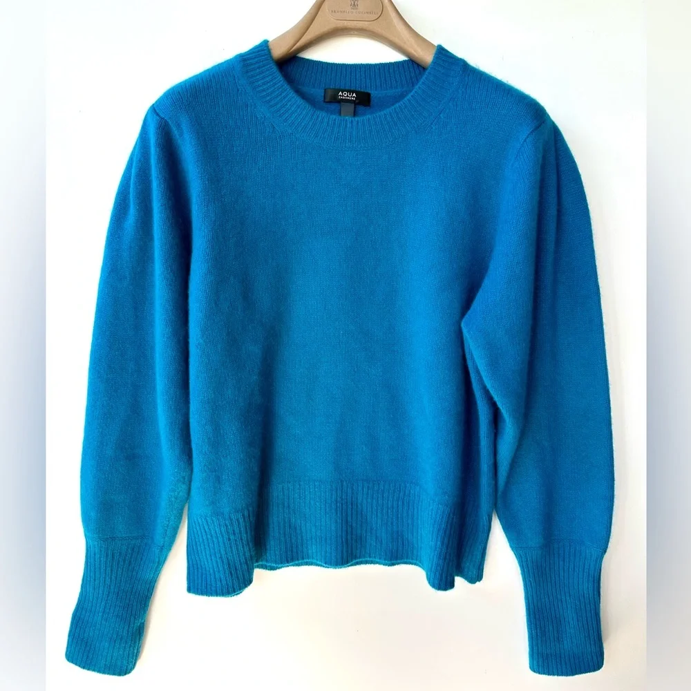 Aqua 109% Cashmere Vibrant Teal Blue Crew Neck Cropped Sweater, Puff Sleeves, L